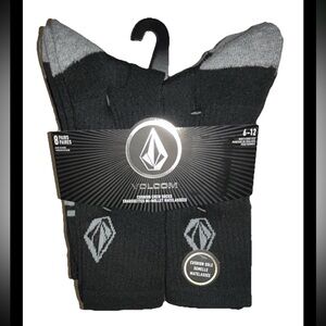 Volcom Crew Socks 8 Pair Men 6-12 Black w Gray & Mixed Logo Ride BoardSports NEW